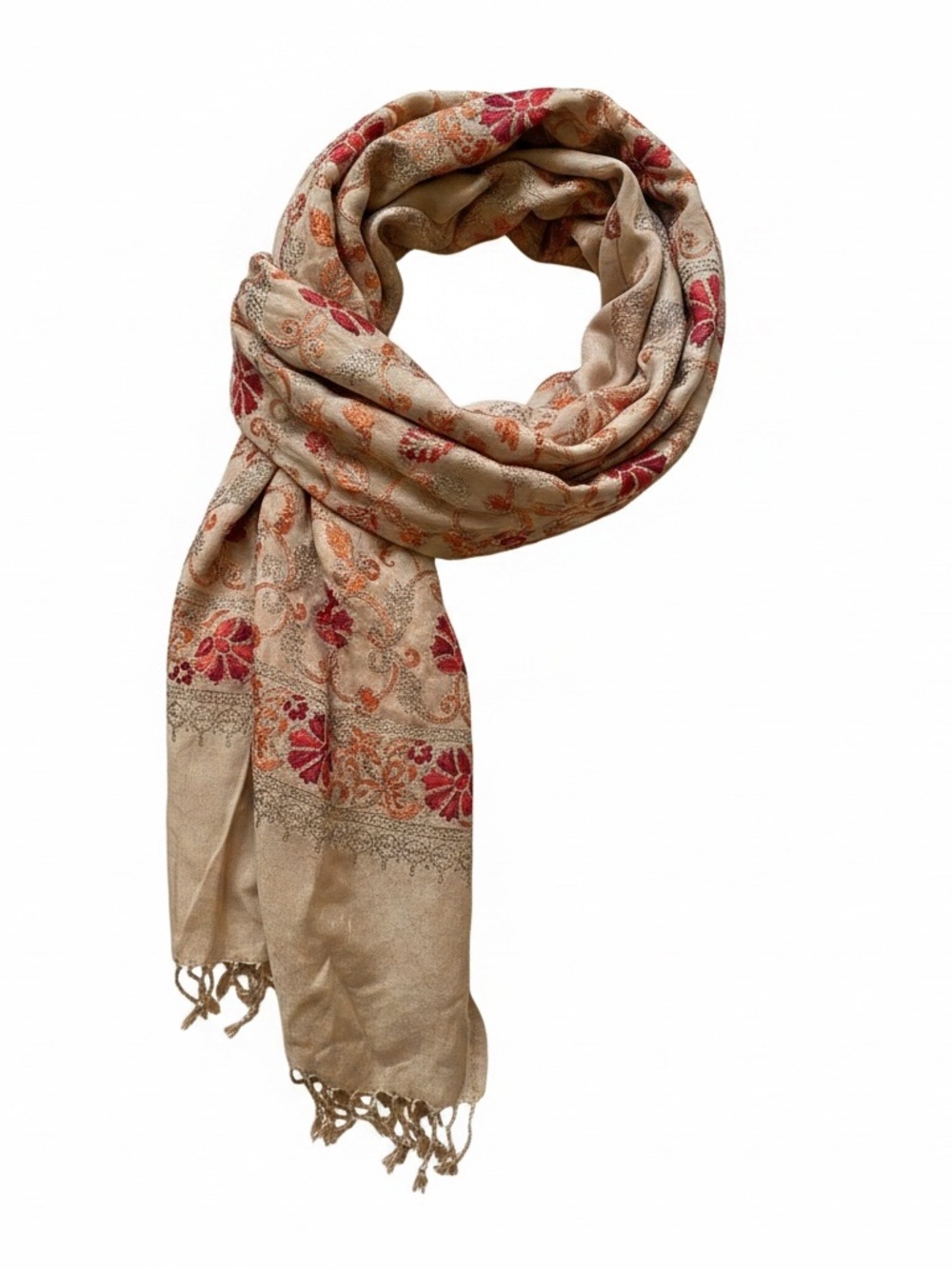 Beige Floral-Embroidered Women's Scarf with Red & Orange Accents‎